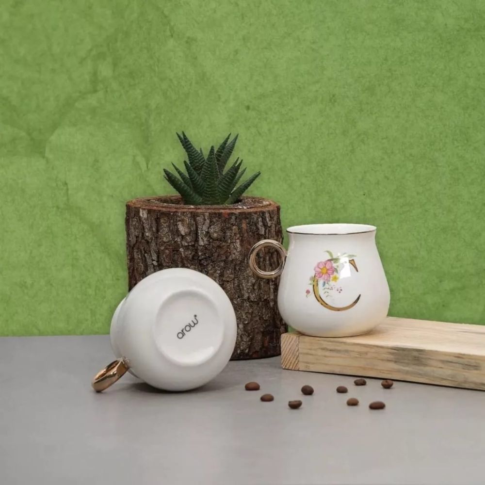 Flowery White C Alphabet Poreclain Mug For Coffee & Tea